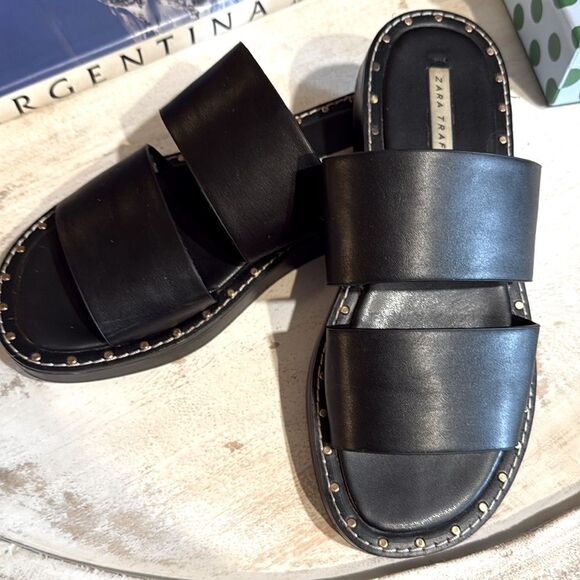 Zara RARE Sandals w Two Straps and Gold Grommets-Black size 37/6.6-7 w Dust Bag - Picture 2 of 15